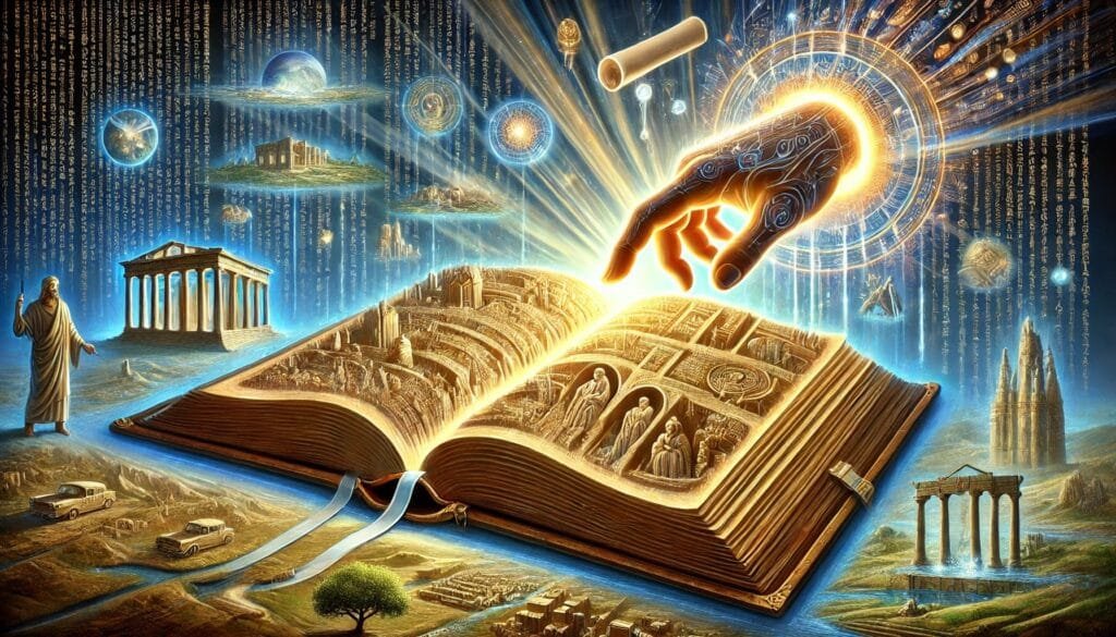 DALL_E 2024-12-20 22.49.08 - A symbolic depiction of a historian's secret vision_ a giant, ancient book of human history with glowing, ethereal pages. A luminous hand, radiant and
