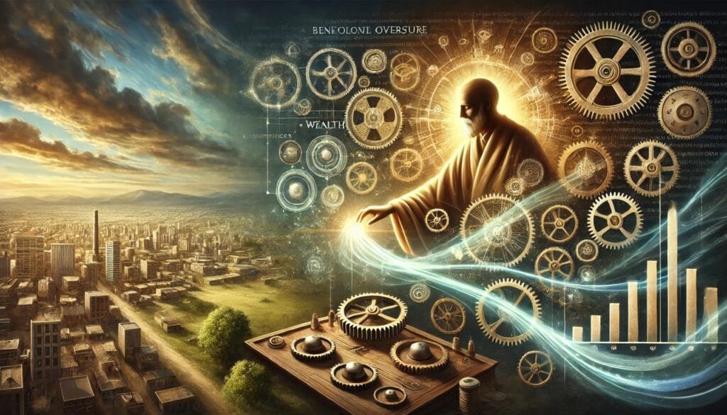 DALL_E 2024-12-20 22.59.27 - An artistic depiction of an economist's mental picture_ a benevolent overseer, glowing with a soft and compassionate light, delicately adjusting invis