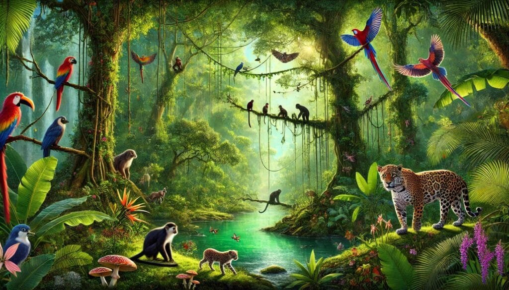 DALL·E 2024-12-20 22.41.38 - A vibrant and lush rainforest scene depicting diverse species coexisting in perfect harmony. The environment includes tall, dense trees with a thick c