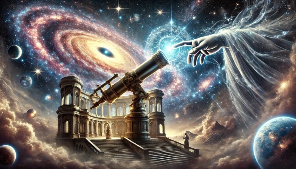DALL·E 2024-12-20 22.44.09 - A grand cosmic observatory envisioned as if operated by a divine hand, set amidst the stars of the universe. The scene includes an enormous telescope