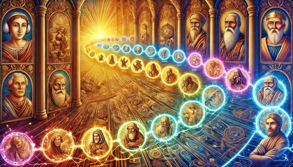 DALL·E 2024-12-20 22.48.48 - A vivid depiction of a timeline stretched across the ages, illustrating the journey of human history. Each era is represented by symbolic imagery of m