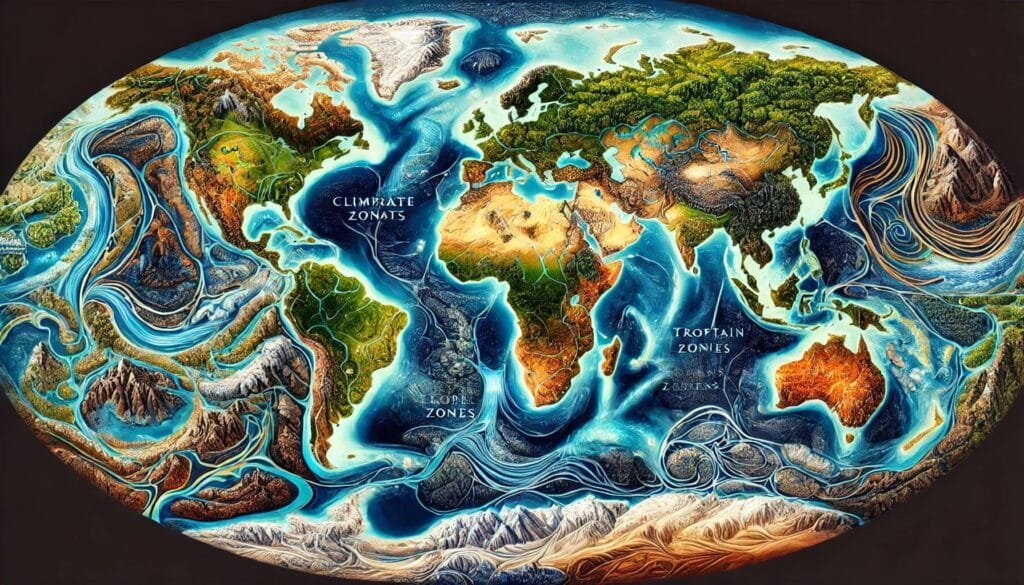 DALL·E 2024-12-20 22.50.57 - A detailed and artistic world map showcasing an ideal alignment of climate zones, rivers, and mountain ranges. The map illustrates temperate climates