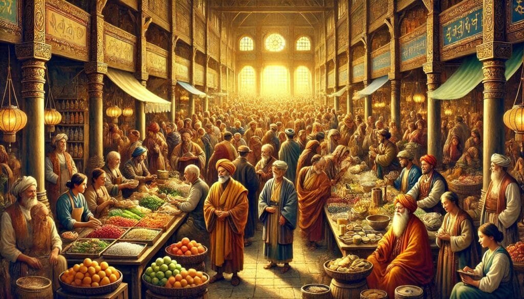 DALL·E 2024-12-20 22.53.54 - A vibrant and bustling marketplace scene filled with people of various backgrounds engaging in trade and conversation. The atmosphere radiates harmony