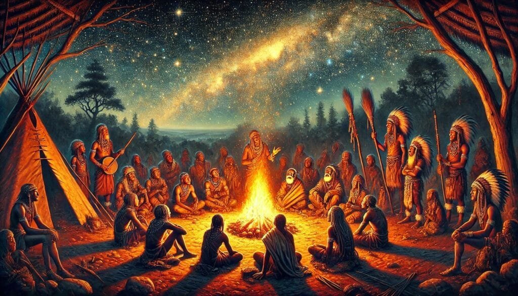 DALL·E 2024-12-20 22.57.08 - A vivid depiction of ancient tribal gatherings around a crackling fire under a starlit night sky. Elders, dressed in traditional tribal attire, are se