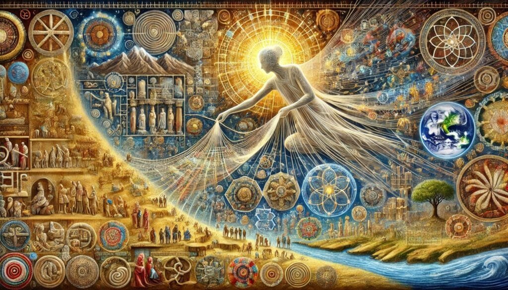 DALL·E 2024-12-20 22.57.43 - An artistic depiction of an anthropologist’s hidden dream_ a towering, ethereal figure weaving radiant threads of belief and morality into a vast, int