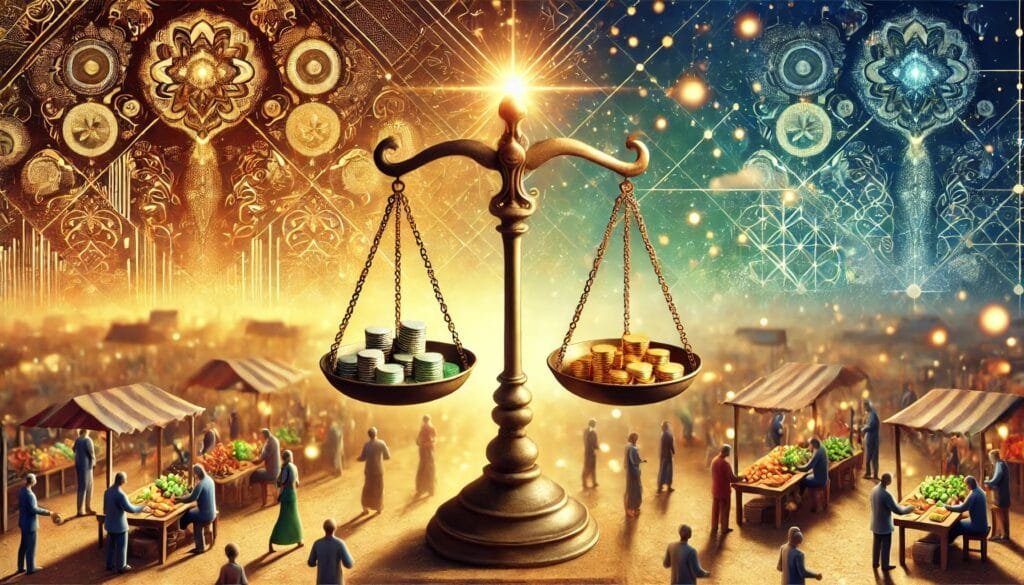 DALL·E 2024-12-20 22.59.26 - 1. A symbolic image of a balanced scale of wealth distribution, with one side holding gold coins and the other side representing resources and opportu