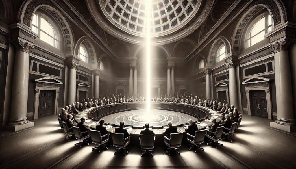 DALL·E 2024-12-20 23.02.05 - A grand council hall with leaders from diverse backgrounds seated at a circular table, deliberating under a radiant beam of divine light descending fr