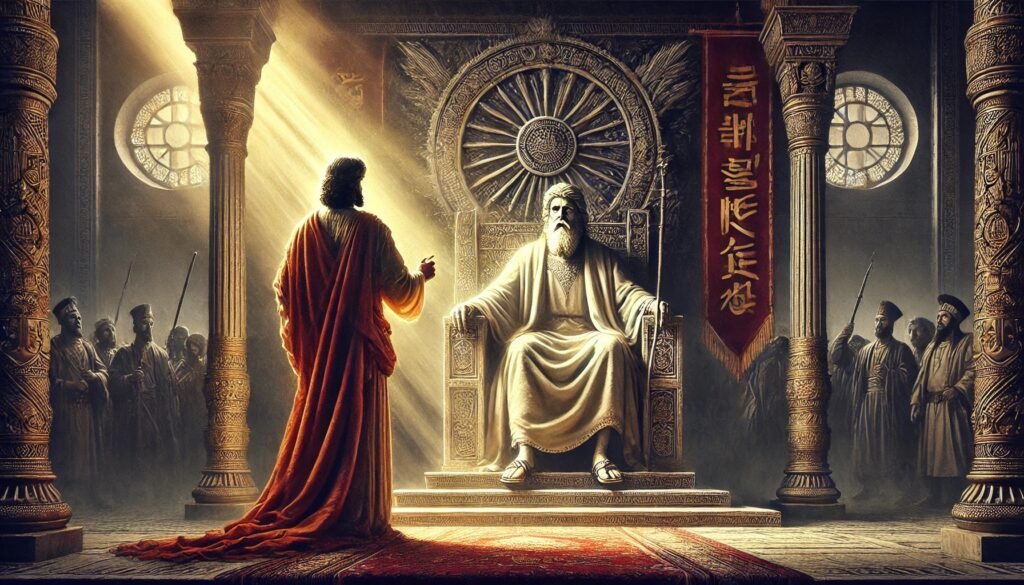 DALL·E 2024-12-20 23.02.24 - A dramatic historic moment depicting a prophet standing resolutely before a tyrant, symbolizing the infusion of politics with ethics and timeless mora