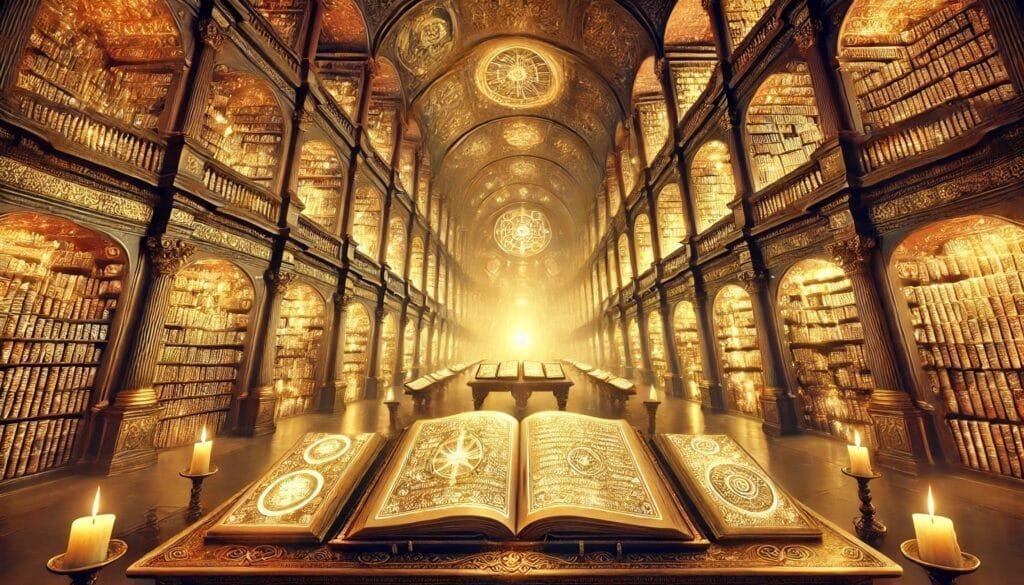 DALL·E 2024-12-20 23.04.21 - A breathtaking depiction of a vast, ancient library filled with illuminated manuscripts. Each manuscript glows softly, as if infused with metaphysical