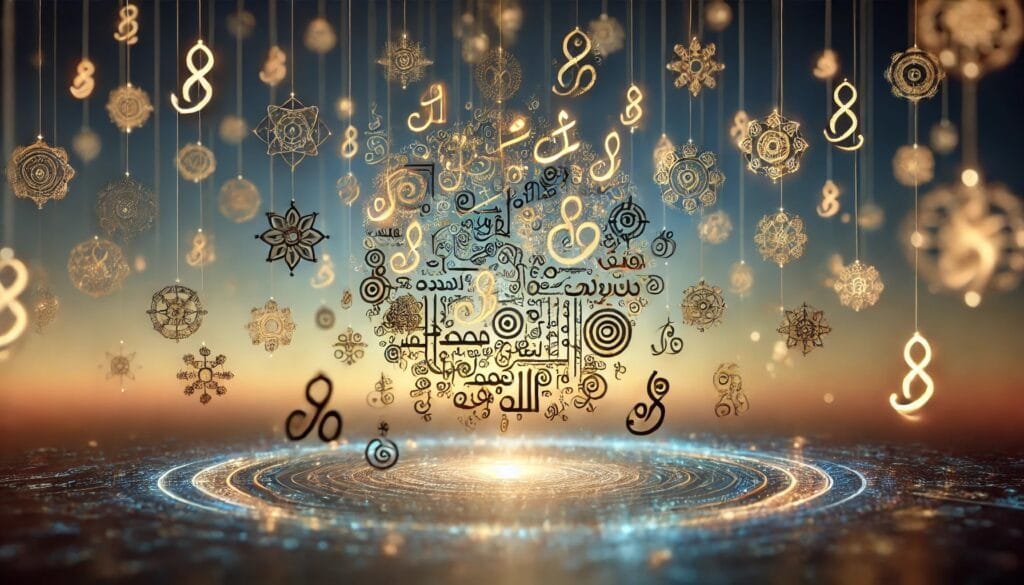 DALL·E 2024-12-20 23.05.23 - An artistic depiction of words suspended in mid-air, glowing as luminous glyphs. These glyphs form universal messages that transcend linguistic barrie