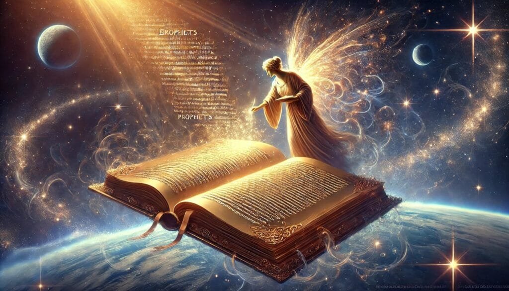 DALL·E 2024-12-20 23.08.00 - An artistic depiction of a literary scholar’s imagined scene_ a celestial muse, radiant and ethereal, gently editing humanity’s epic. The muse is seen