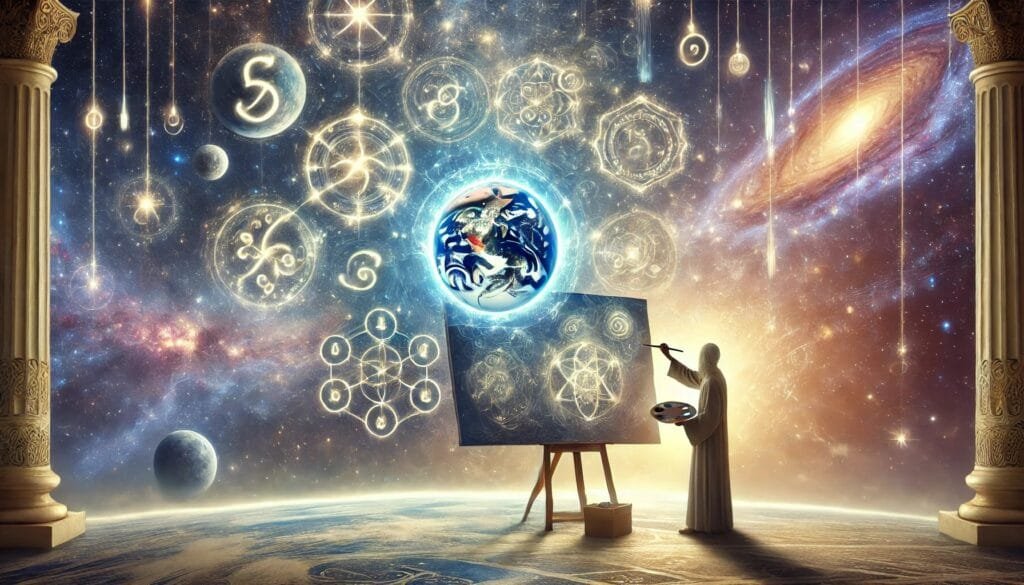 DALL·E 2024-12-20 23.08.52 - An imaginative scene of a celestial artist painting moral codes onto humanity’s canvas. The artist, radiant and ethereal, stands before a vast cosmic