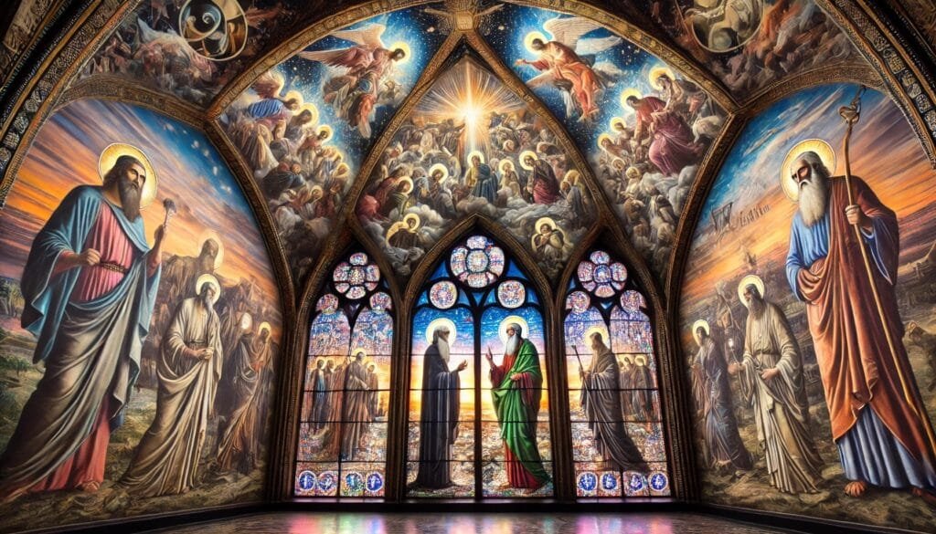 DALL·E 2024-12-20 23.08.53 - A stunning depiction of frescoes and stained-glass windows featuring prophets guiding humanity. The prophets are shown with glowing halos, illuminatin