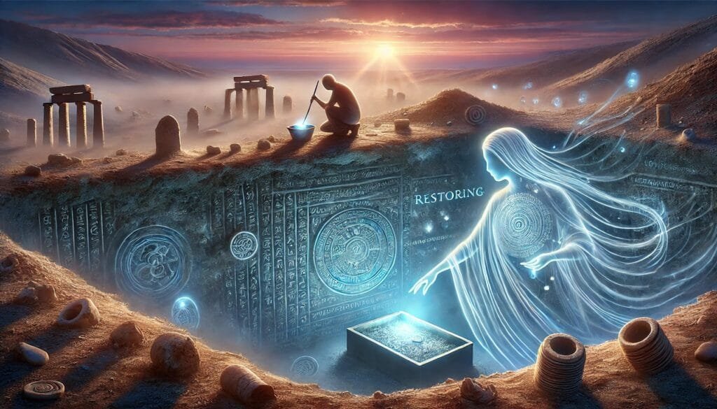 DALL·E 2024-12-20 23.13.16 - An artistic depiction of an archaeologist’s secret dream_ a timeless, ethereal keeper gently uncovering buried artifacts beneath the soil. The keeper
