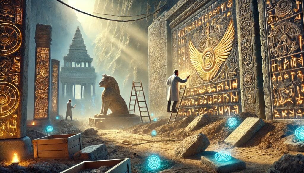 DALL·E 2024-12-20 23.13.19 - A detailed scene of archaeological excavations uncovering ancient temples and inscriptions. The artifacts, such as stone tablets and carved walls, rev