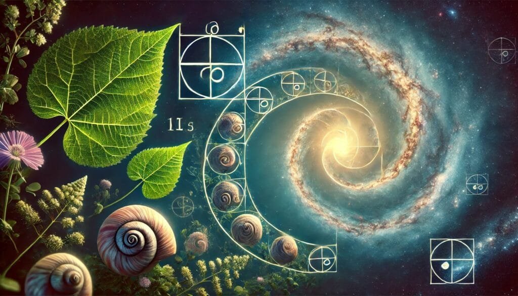 DALL·E 2024-12-20 23.15.51 - An artistic representation of golden ratio spirals evident in nature, showcasing forms such as leaves, seashells, and galaxies aligned with precise, g
