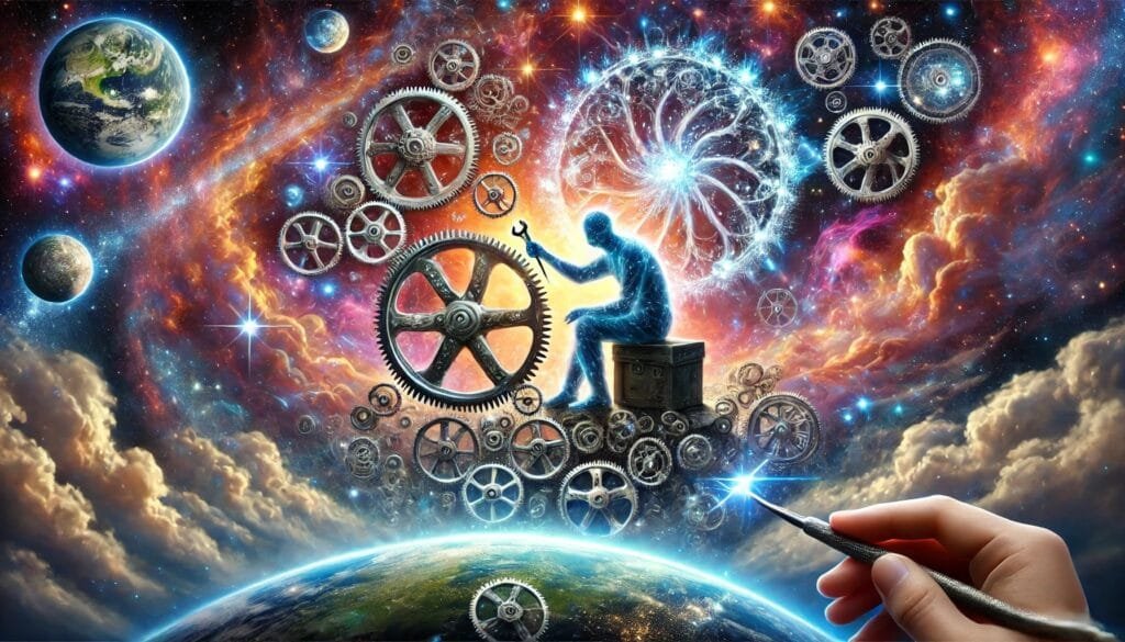 DALL·E 2024-12-20 23.18.28 - An artistic representation of an engineer’s personal vision_ a celestial repairman performing maintenance on a grand cosmic machine. The repairman is
