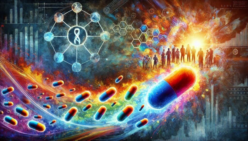 DALL·E 2024-12-20 23.28.14 - An artistic representation of colorful pills symbolizing moral principles, shown dissolving into a metaphorical depiction of human culture. The pills