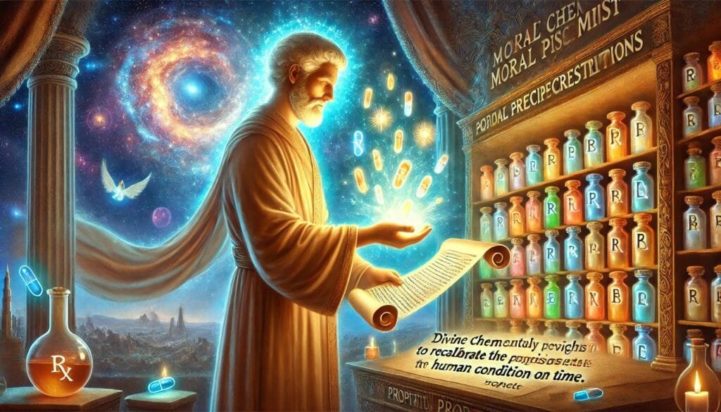 DALL·E 2024-12-20 23.28.17 - An imaginative depiction of a pharmacist’s mental image_ a divine chemist carefully handing out glowing moral prescriptions, represented as luminous s