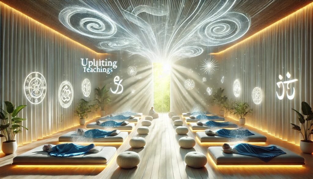 DALL·E 2024-12-20 23.29.25 - A serene and symbolic recovery room, where individuals rest peacefully on soft, radiant surfaces. Uplifting teachings are depicted as glowing inscript
