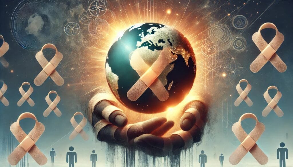 DALL·E 2024-12-20 23.29.43 - A symbolic and artistic depiction of bandages made of compassion and empathy wrapping around societies represented by a globe or human silhouettes. Th