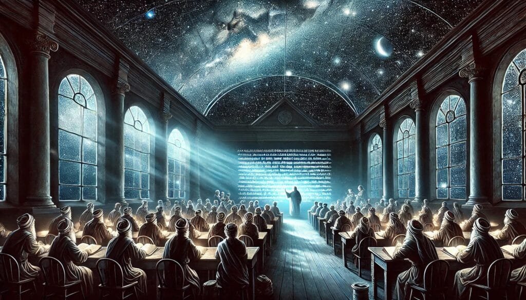 DALL·E 2024-12-20 23.31.09 - An artistic depiction of a classroom under starlight, where ancient prophets’ words are written on a glowing blackboard. The classroom is filled with