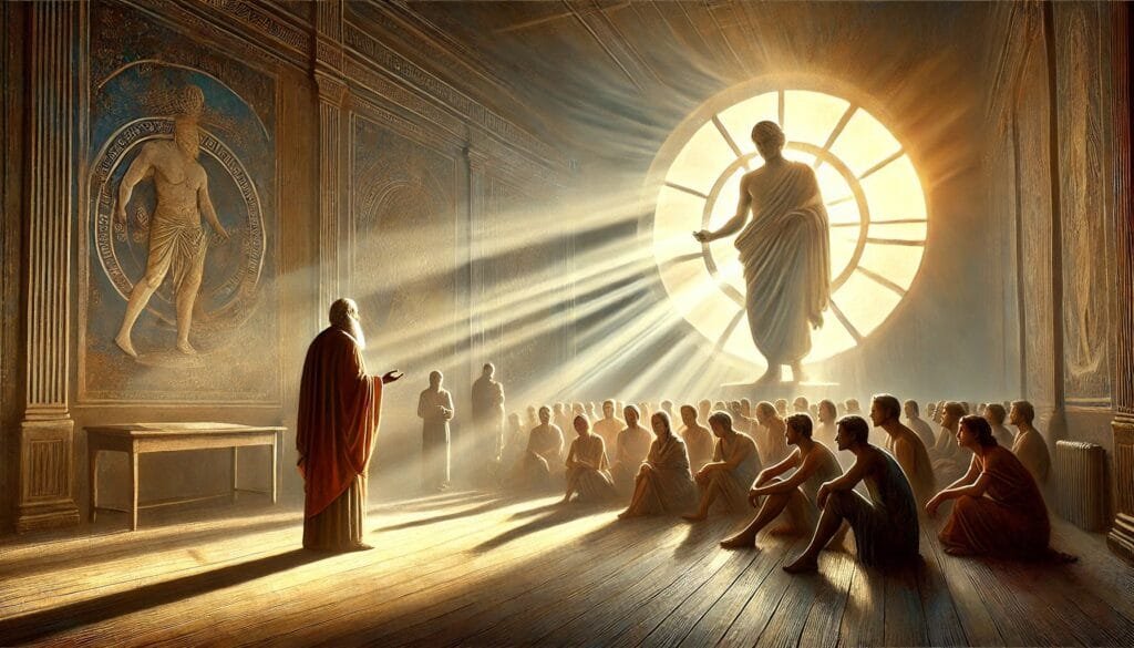 DALL·E 2024-12-20 23.31.14 - An artistic scene of a mentor figure standing in a serene, sunlit room, instructing listeners in universal ethics. The mentor’s presence exudes wisdom