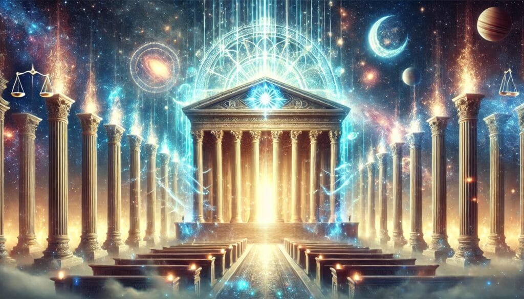 DALL·E 2024-12-20 23.32.05 - An artistic depiction of a grand courthouse set in the cosmos, symbolizing a place where moral laws are upheld. The courthouse is ethereal and majesti