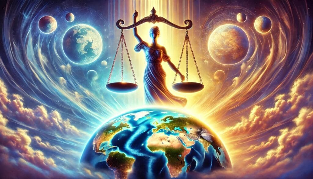 DALL·E 2024-12-20 23.32.06 - An artistic scene of balancing scales hovering over continents, symbolizing fairness and righteousness prevailing globally. The scales are radiant, gl
