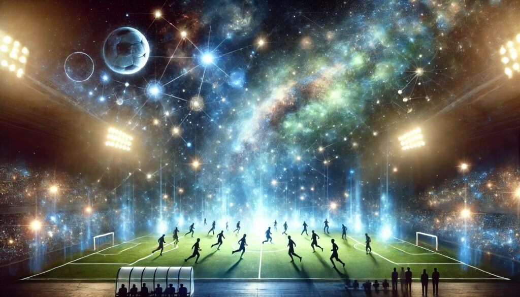 DALL·E 2024-12-20 23.34.45 - An artistic depiction of a perfectly orchestrated sports field under cosmic floodlights. The field is illuminated by ethereal, glowing lights from the