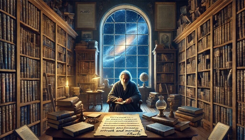 DALL·E 2024-12-29 09.50.18 - An agnostic philosopher seated in a tranquil study surrounded by bookshelves filled with philosophical works. The scene includes writings by great thi