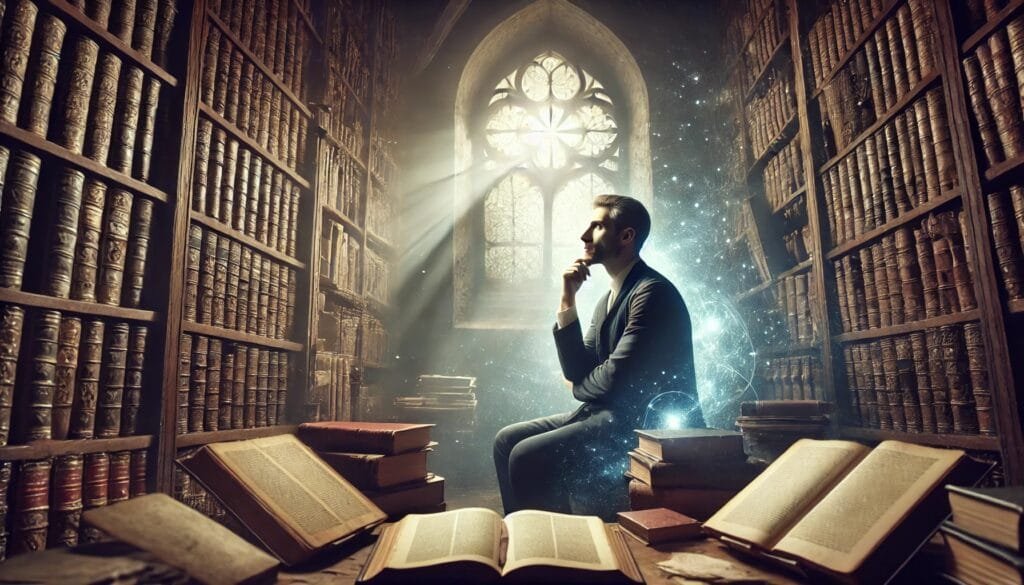 DALL·E 2024-12-29 09.55.05 - A scholar sitting in a dimly lit library surrounded by ancient theological texts and manuscripts, pondering deeply with a contemplative expression. A