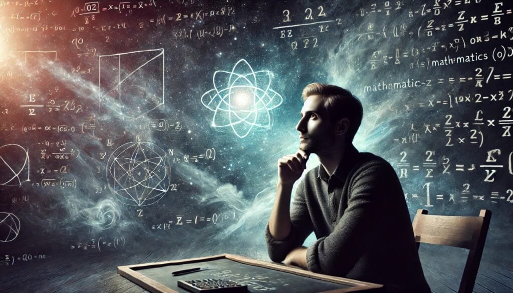 DALL·E 2024-12-29 09.55.45 - A thoughtful mathematician surrounded by blackboards and equations, sitting in a serene, abstract space. The setting blends mathematical symbols and e
