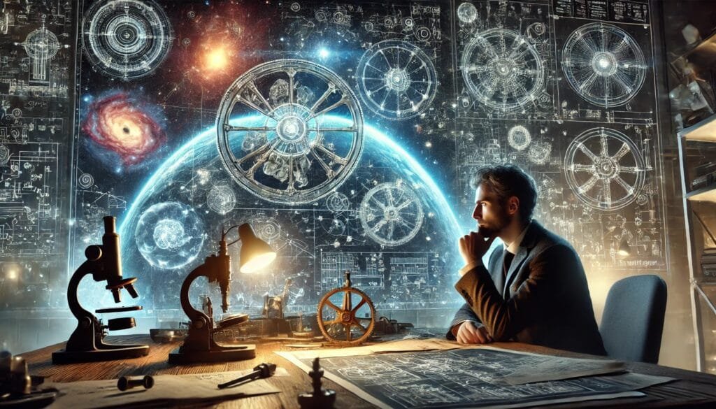 DALL·E 2024-12-29 09.56.43 - A contemplative engineer working in a futuristic lab filled with intricate machine designs, holograms of the universe, and blueprints of celestial mec