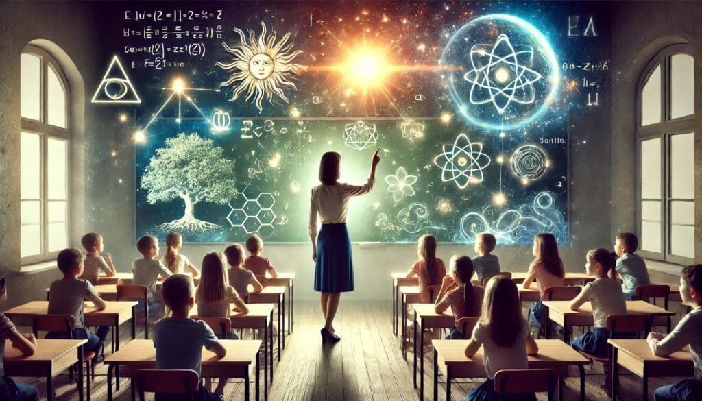 DALL·E 2024-12-29 09.58.36 - A thoughtful teacher in a classroom filled with curious students, with books and a glowing blackboard displaying universal symbols like the sun, a tre