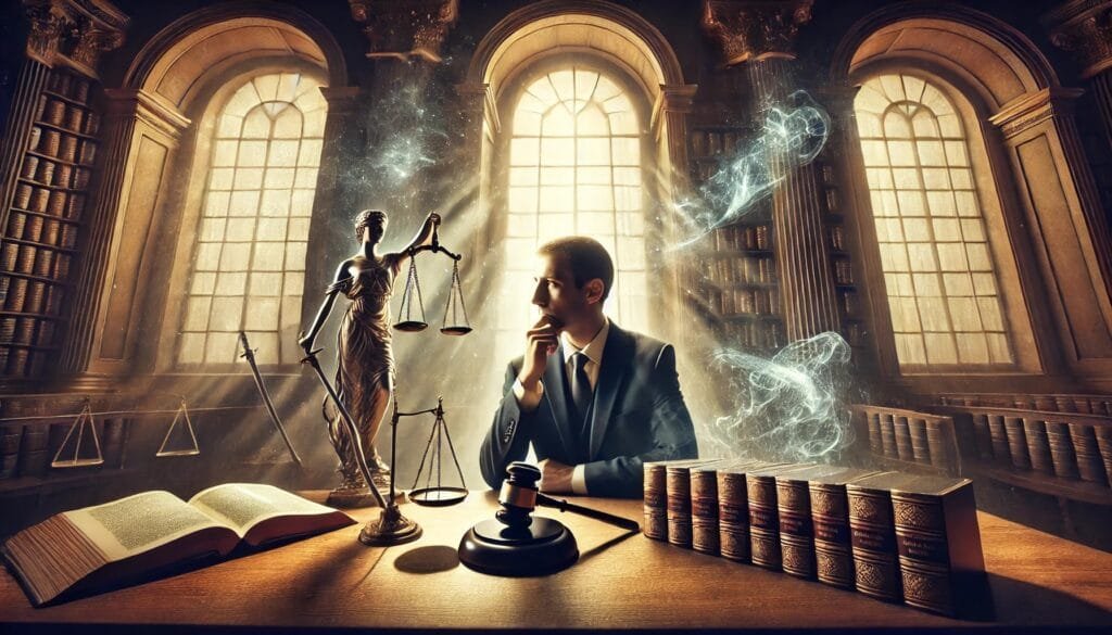 DALL·E 2024-12-29 09.59.20 - A pensive lawyer in a grand courtroom, surrounded by ancient legal texts and symbols of justice like scales and a gavel. A faint ethereal light stream