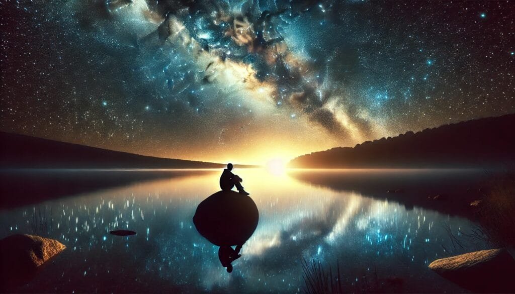 DALL·E 2024-12-29 10.08.42 - A serene night sky with a vivid Milky Way galaxy above a calm, reflective lake. In the foreground, a silhouette of a lone figure sitting contemplative