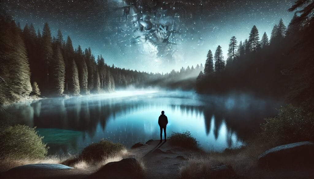 DALL·E 2024-12-29 10.09.43 - A tranquil scene of a person standing at the edge of a serene lake surrounded by dense forest under a clear starry night sky. The reflection of the st