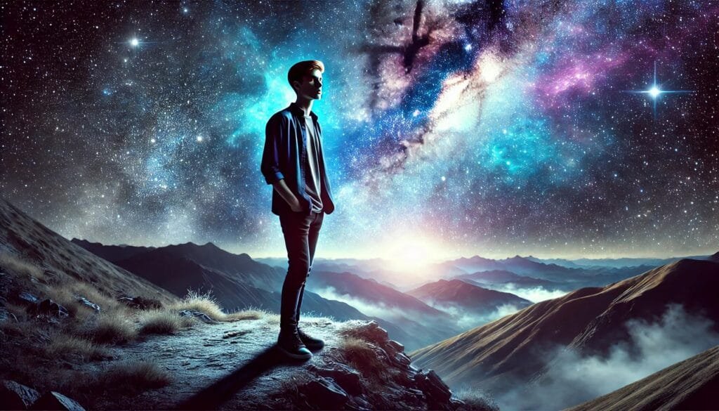 DALL·E 2024-12-29 10.13.40 - A young, introspective individual standing on a mountain edge, gazing at a vast, starry universe, symbolizing deep existential questioning. The young