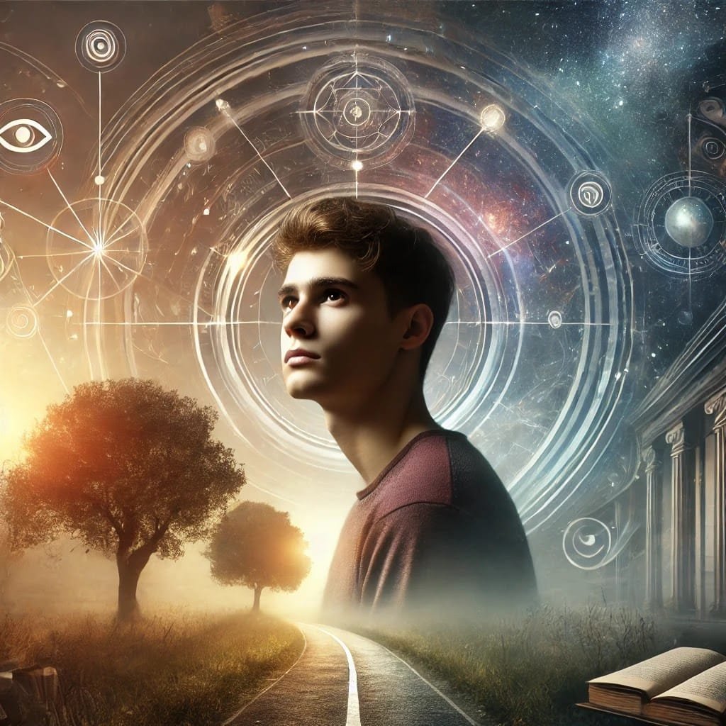 DALL·E 2024-12-29 10.17.03 - A young adult with a thoughtful expression, symbolizing agnosticism, standing at a crossroads in a serene and slightly mysterious environment. The sce