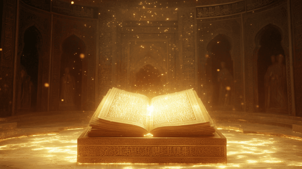 halatmedya_A_glowing_Quran_rests_on_a_golden_pedestal_surroun_975792a4-a6d8-4d3a-81c1-93351cea26e2_0
