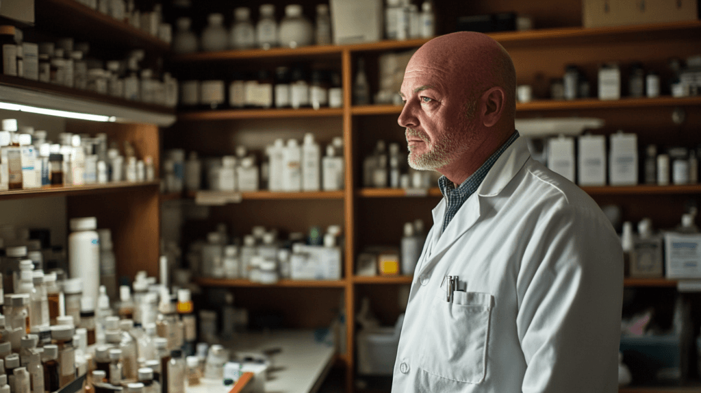 halatmedya_A_pharmacist_in_a_small_lab_bottles_and_formulas_o_c6102198-ee6f-4613-b8e5-42736373466b_1
