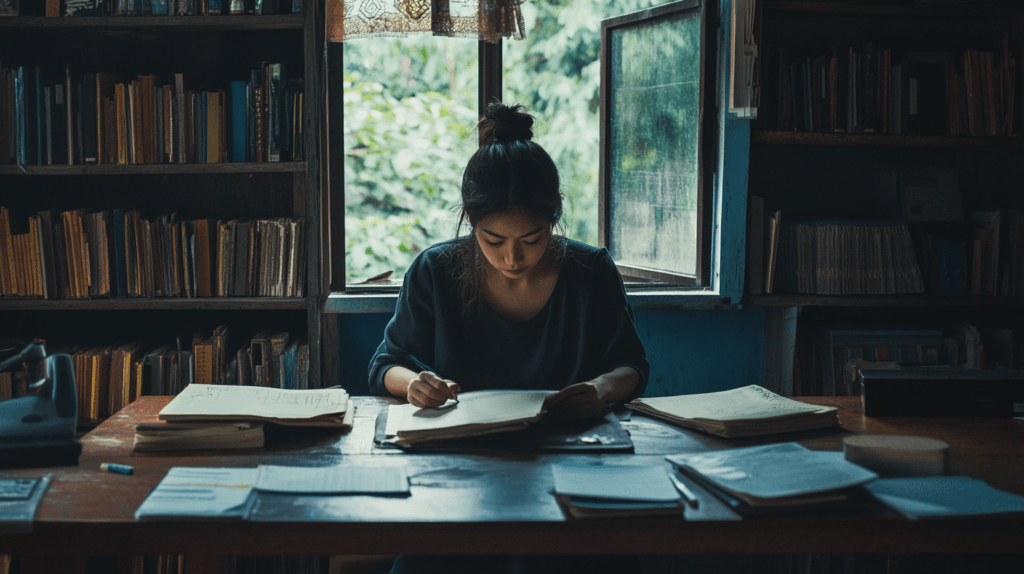 halatmedya_A_teacher_at_a_simple_desk_textbooks_and_notes_aro_9b267109-45e4-4d90-9c45-3eac0b909f7d_2