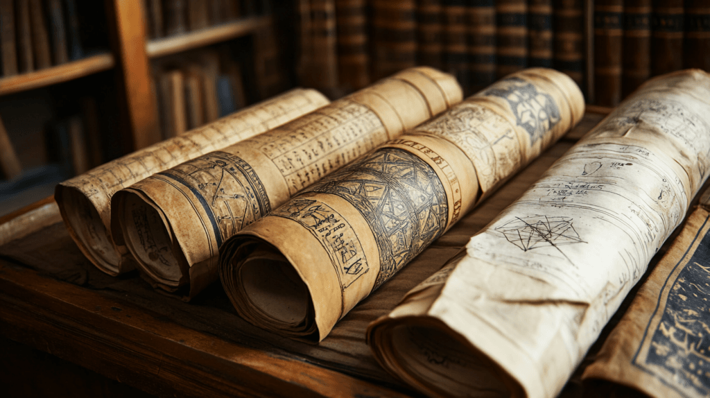 halatmedya_An_ancient_library_with_scrolls_and_geometric_diag_1625ba11-89cc-4e25-826c-2f32de69c466_3