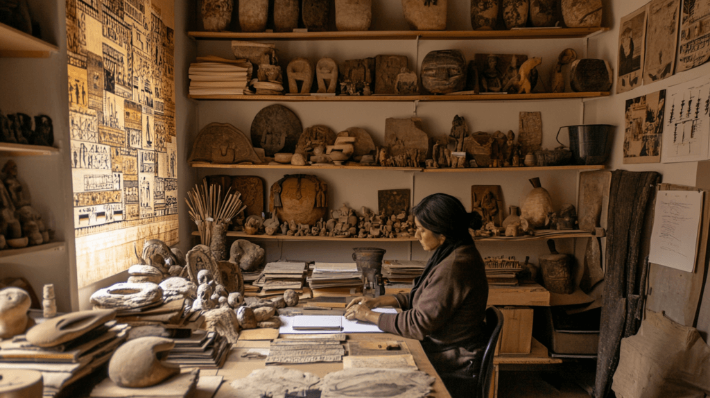 halatmedya_An_anthropologist_in_a_study_room_artifacts_on_she_dd15544d-9237-4575-8c92-d7c1feff42c8_1